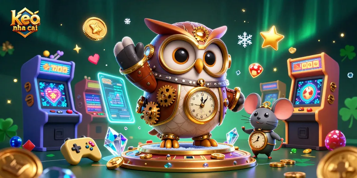 Engaging scene of keo nha cai, featuring a time-traveler owl and arcade elements, embodying casino excitement.