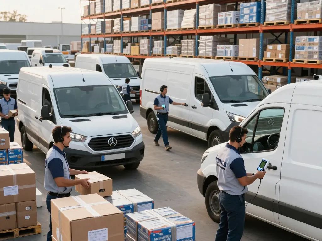 Efficient urban logistics scene showcasing same day couriers loading tracked delivery vans at a busy freight hub.