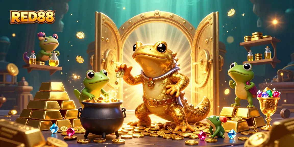 Experience thrilling wins at RED88 with golden treasures, enchanting characters, and vibrant casino elements.