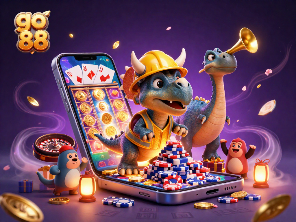 Engage with go 88 as a triceratops builds poker chip pyramid in a vibrant casino scene.