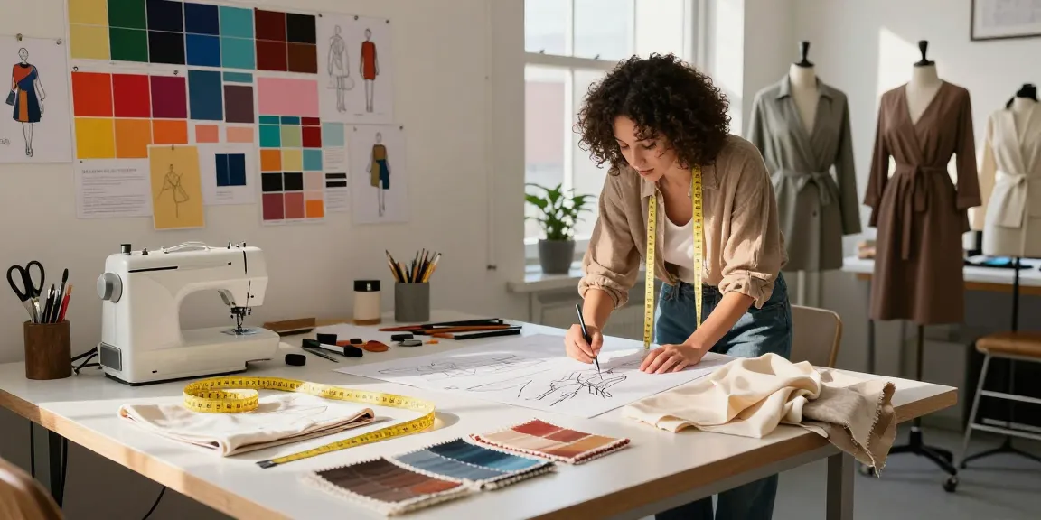 Explore premium fabrics at https://bahanpakaian.com in a vibrant fashion design studio with natural light and inspiration.