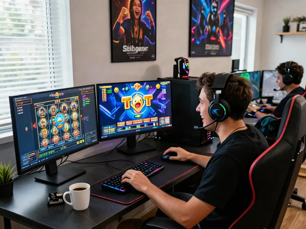 Excited player celebrating a win on situs gacor, surrounded by vibrant slot game displays and gaming gear, in an immersive gaming setup.