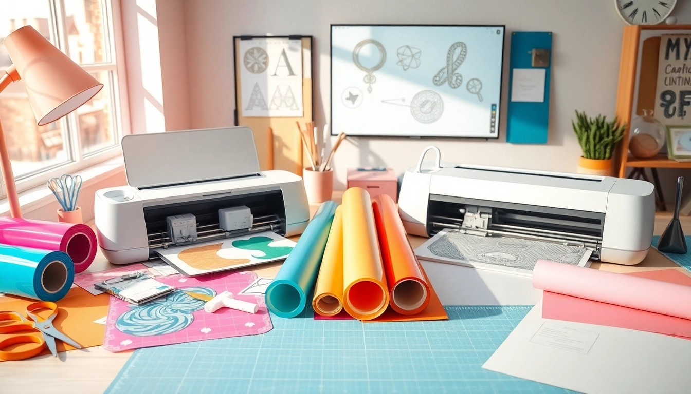 Comparative view of silhouette vs cricut cutting machines in a vibrant craft workspace.