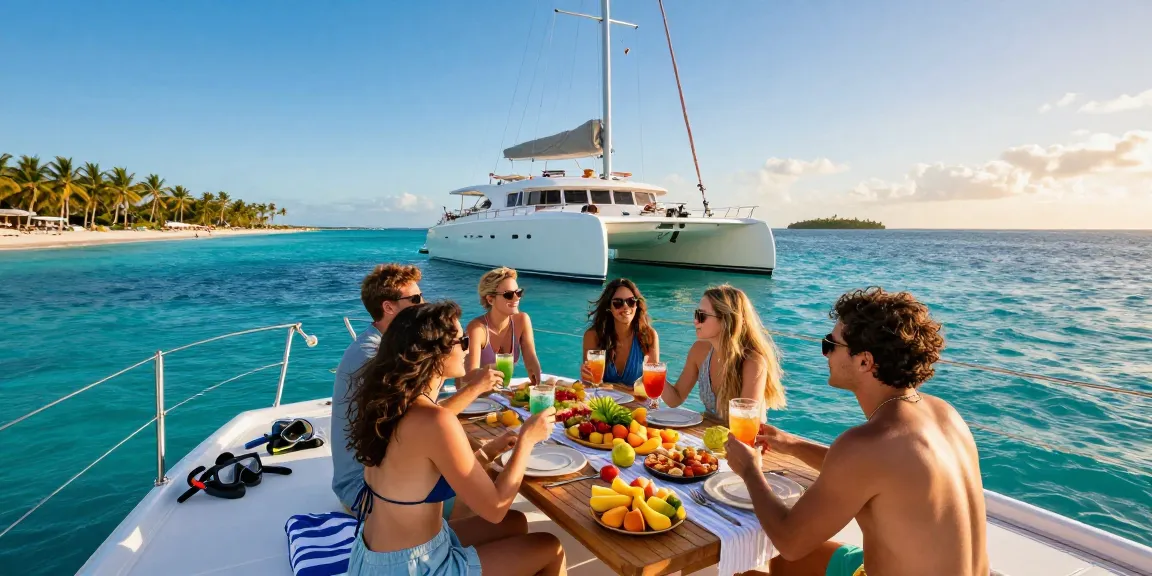 Friends enjoying a boat rental in Punta Cana with tropical backdrop and gourmet picnic setup.
