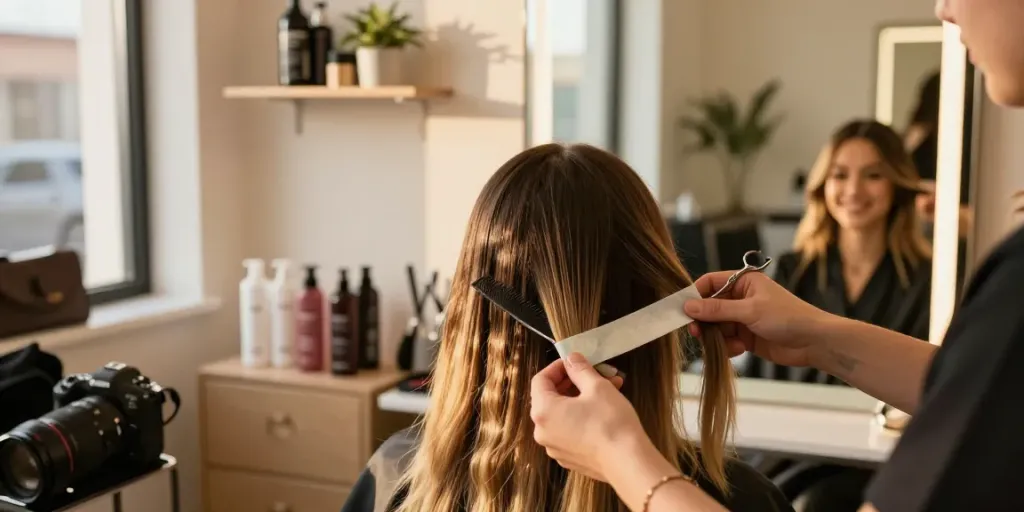 Client receiving invisible tape in hair extensions in a warm beauty salon.
