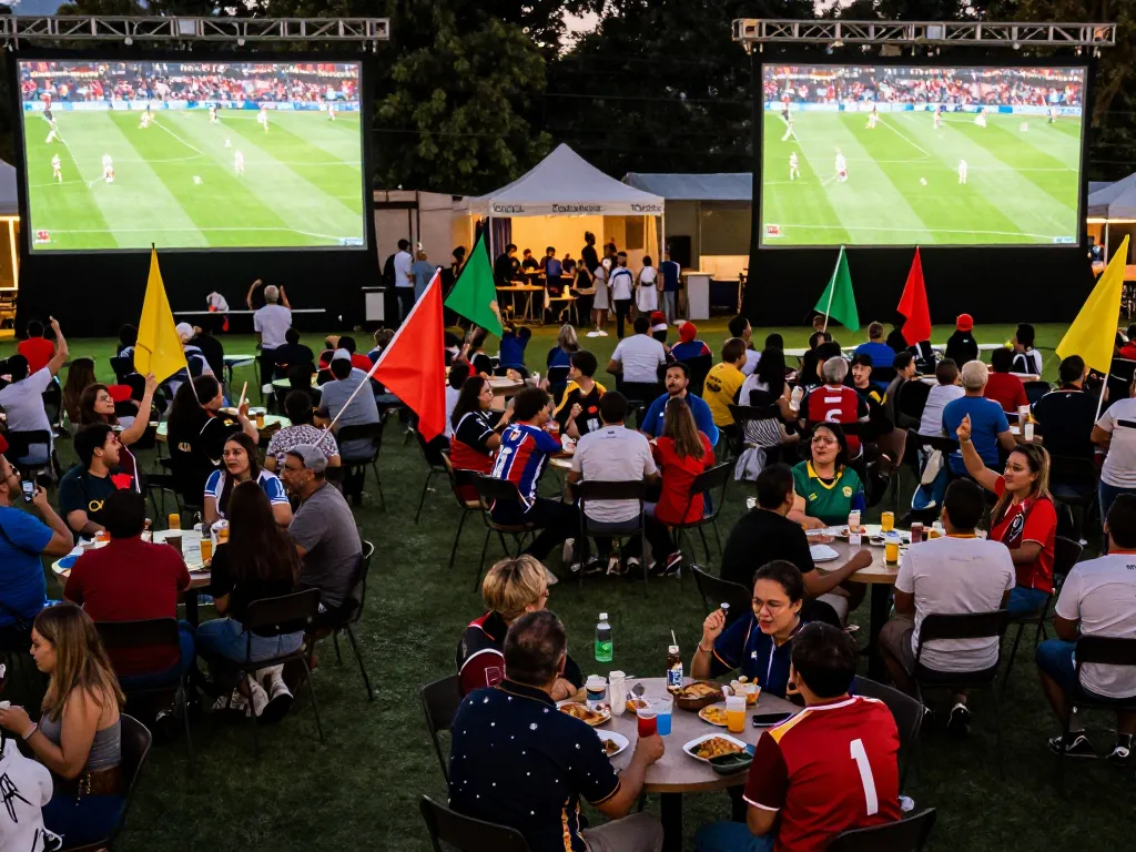 Socolive viewers cheering during a live football match in a vibrant outdoor environment