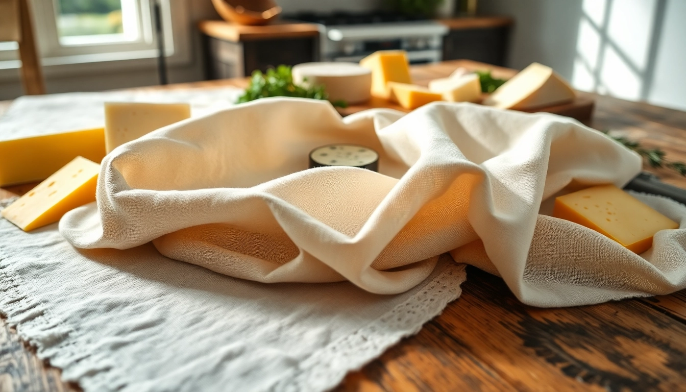 Kaasdoek gebruikt om vers gemaakte kazen artistiek te presenteren op een houten tafel.