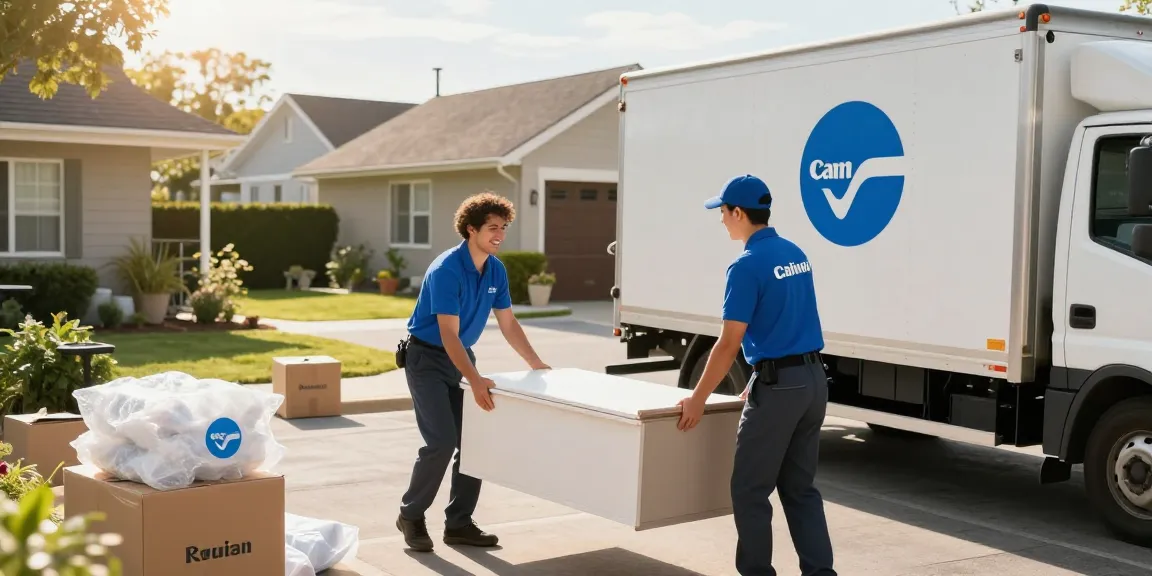Moving professionals from https://ucuzatasin.com.tr handling furniture carefully during a sunny day in a residential area.