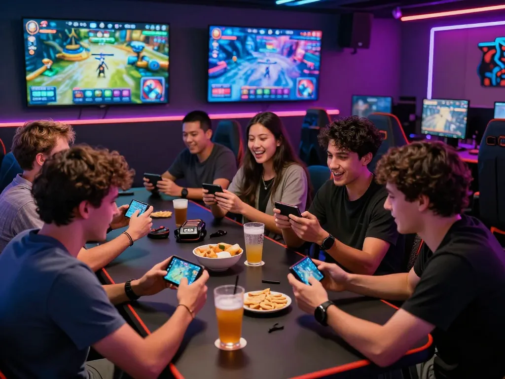 Engaging social gaming scene at a lounge with friends enjoying sun win games together