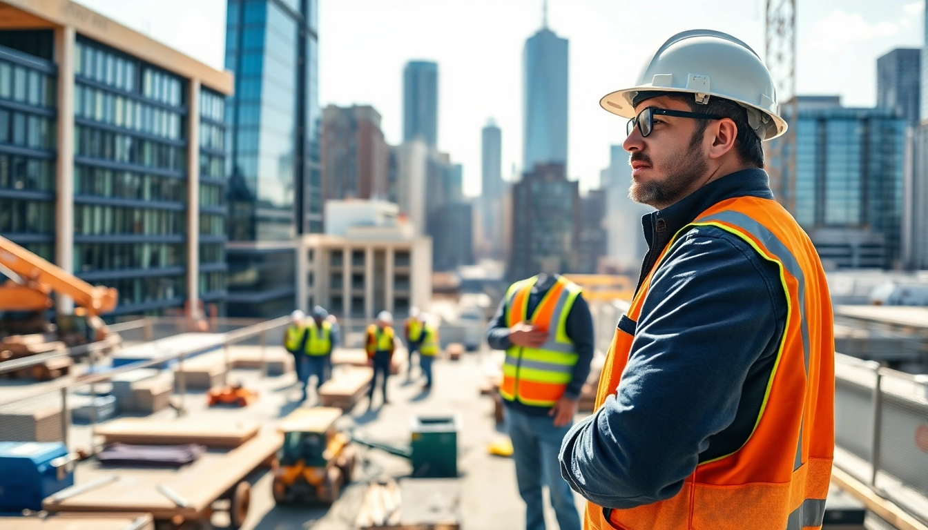 Manhattan General Contractor managing a construction project with skilled workers in a vibrant setting.