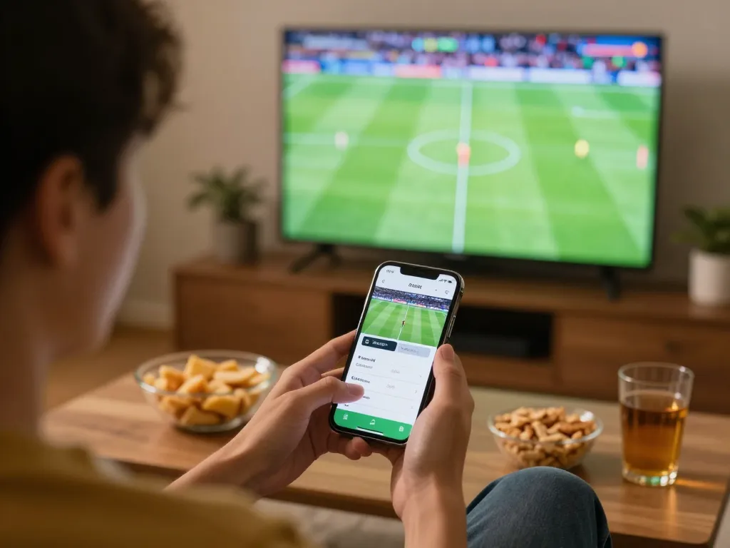 Socolive sports betting enthusiast using smartphone during live match, creating an engaging home atmosphere