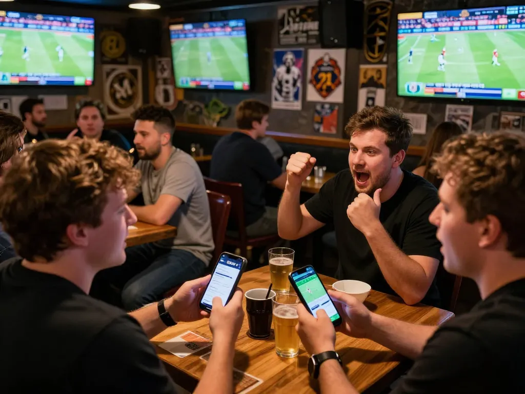Pengguna aplikasi SBOBET memasang taruhan di bar olahraga yang ramai dengan beberapa layar permainan.