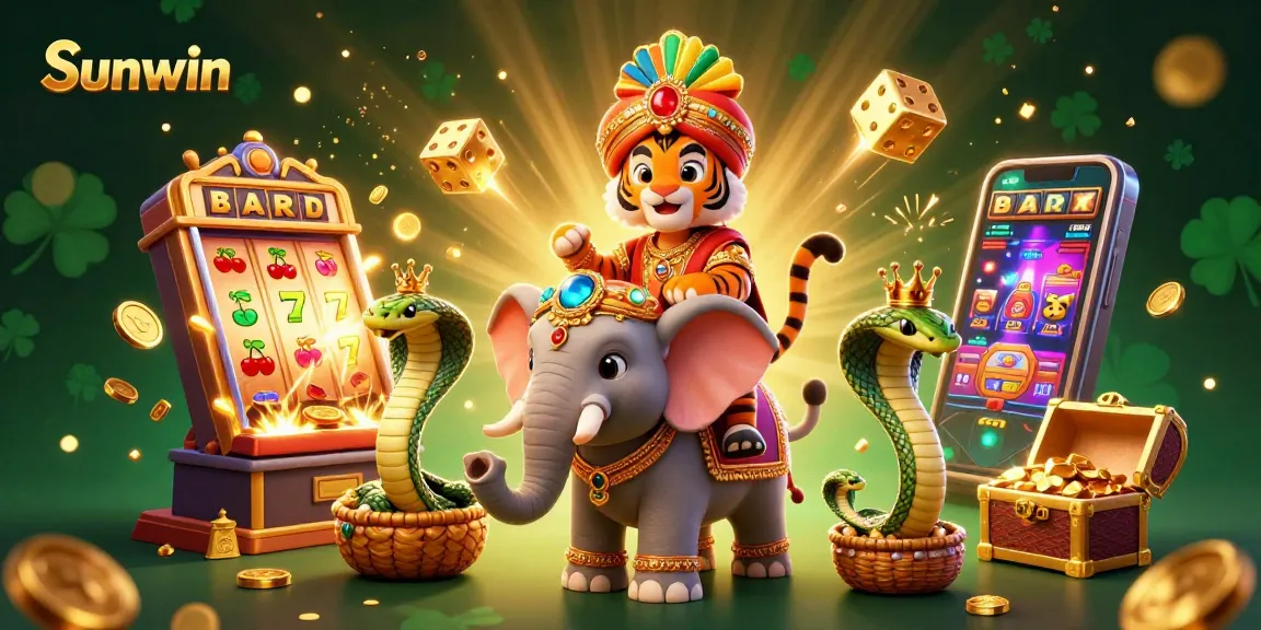 Experience Sunwin's vibrant casino thrills with a 3D illustration of an elephant and maharaja.