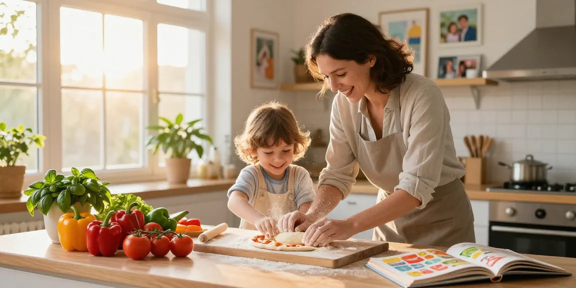 Engaging family cooking moments at thestorybookstomach.com with a parent and child making homemade pizza together.