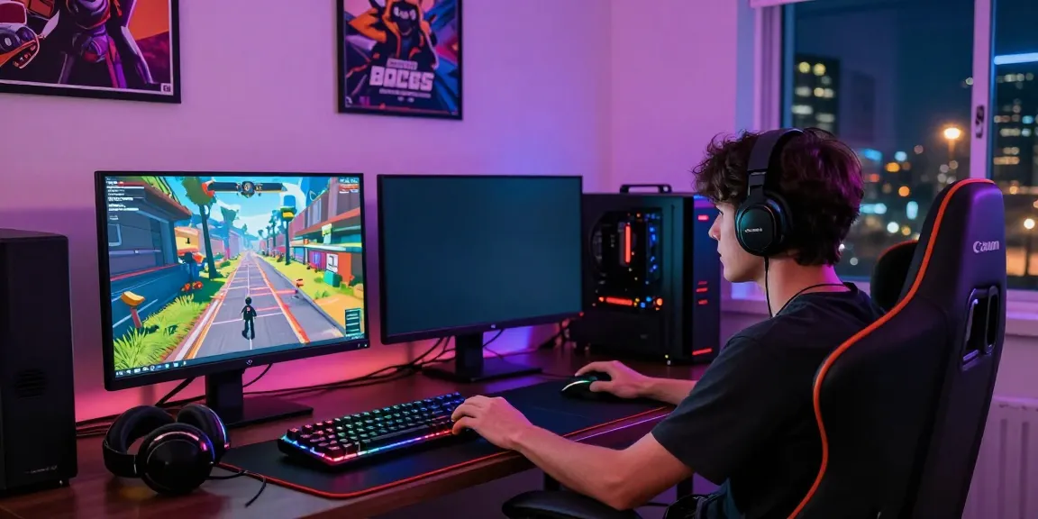 Player immersed in thrilling rokok88 online game featuring colorful virtual obstacles and advanced gaming setup.