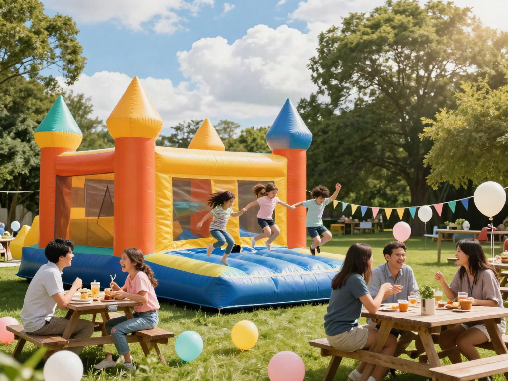 Exciting kids jumping in a bounce house for sale at a cheerful outdoor party