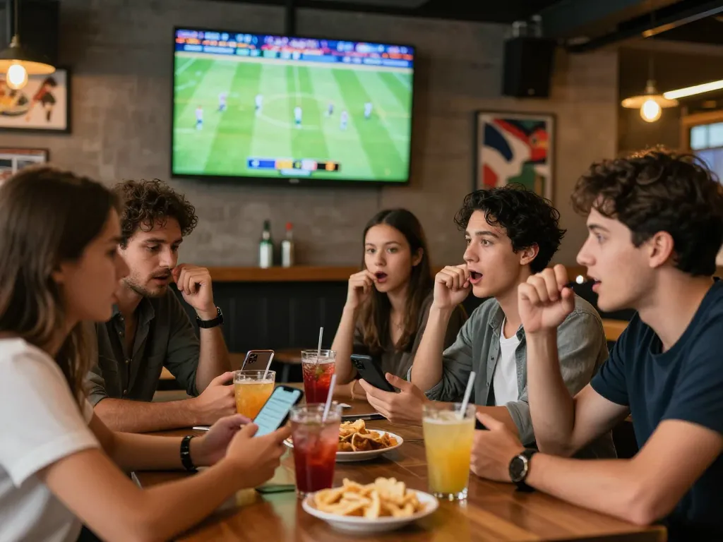 Sahabat yang terlibat menikmati taruhan Judi Bola di bar olahraga yang ramai, menggunakan smartphone untuk aksi langsung.