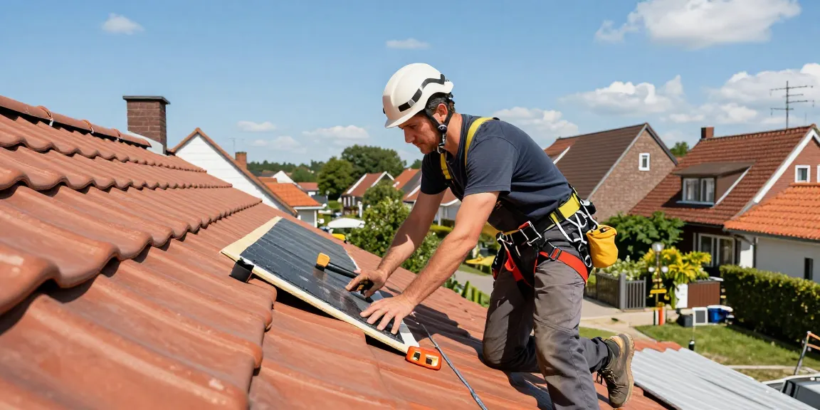 Expert roofing work by a professional entreprise de toiture à seraing on a sunny day, showcasing craftsmanship and tools.