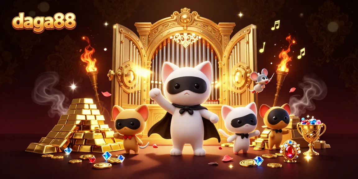 Dive into the vibrant world of daga88 gaming, featuring a whimsical scene with a phantom cat and treasures of wealth.
