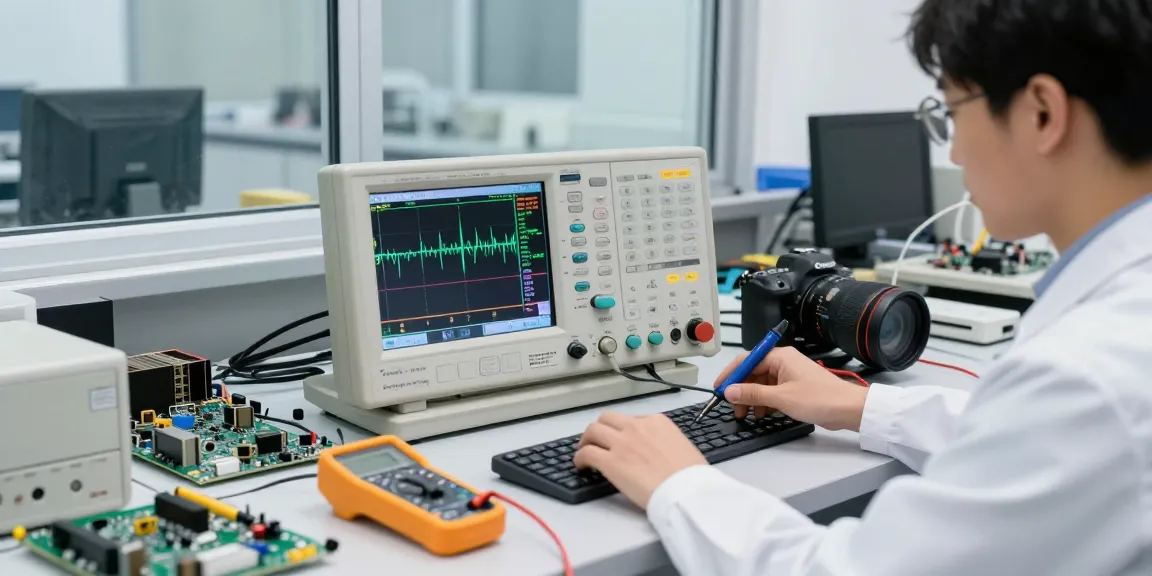 Technician measuring waveforms on a desktop oscilloscope in a bustling electronics lab filled with tools and components.