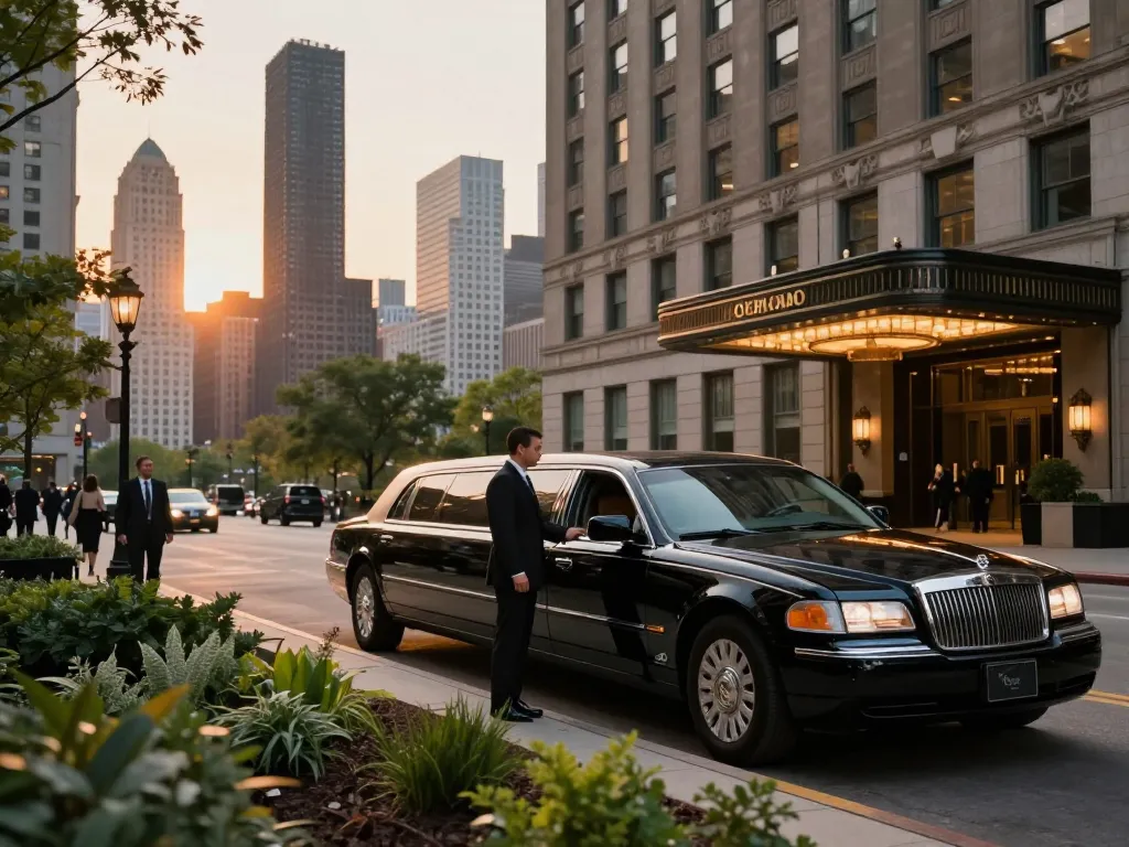Chicago airport limo service with a luxurious limousine ready for passengers in front of a high-end hotel in Chicago.
