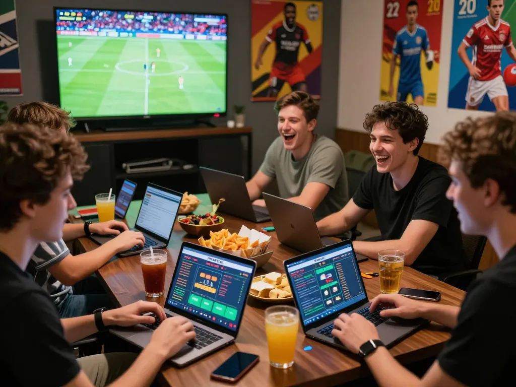 Engaged group of friends enjoying SBOBET88 live sports betting experience in a vibrant setting.