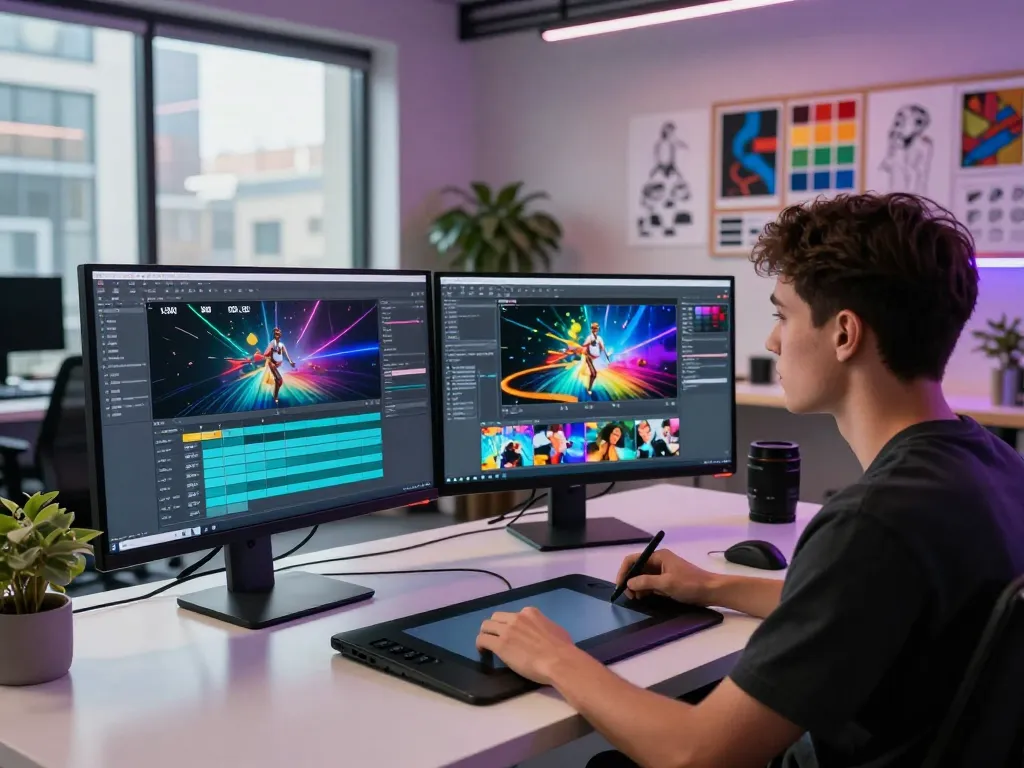 Kling motion software in action at a creative studio, showcasing animation and video generation tools.
