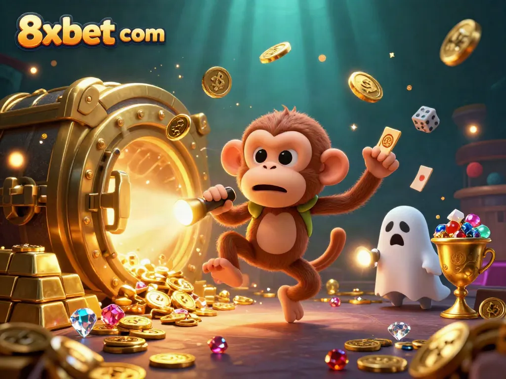 Engage with 8xbet com in this vibrant 3D scene featuring a ghost-hunter puppy and playful juggling monkey.