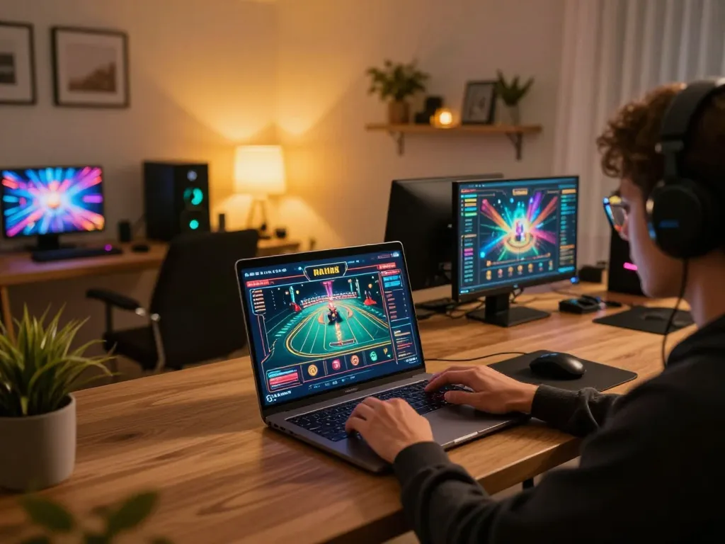 Engaging gaming experience at home with thabete on a laptop, showcasing vibrant casino gameplay.
