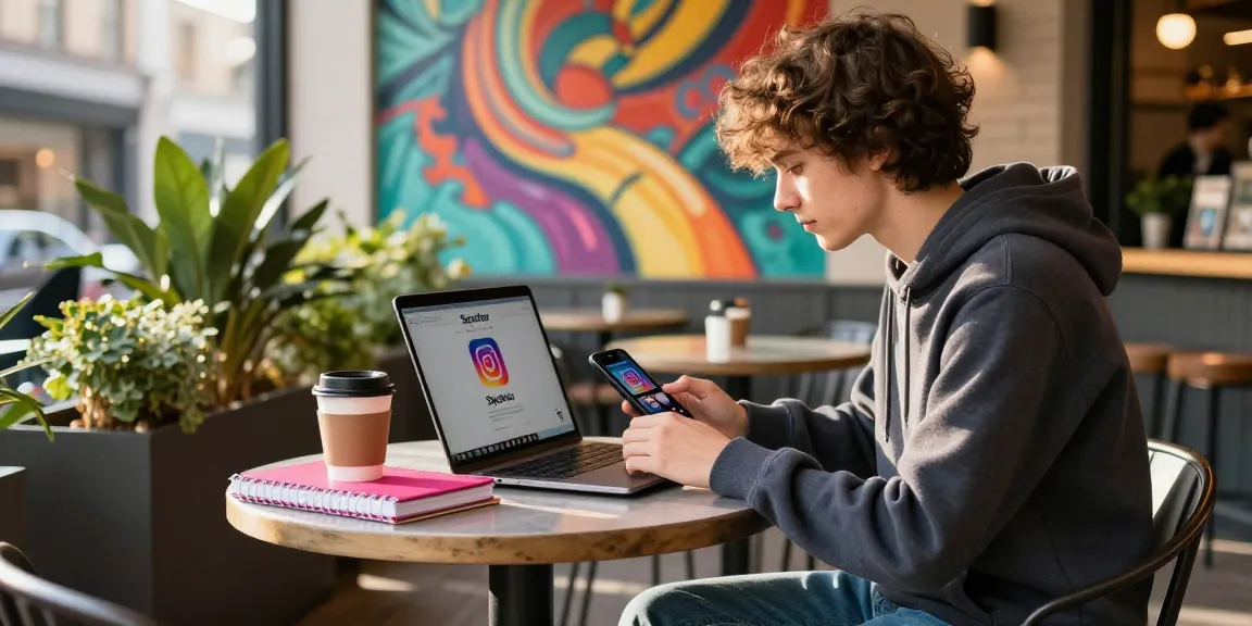 Downloading Instagram content using Spector at a trendy café, showcasing a stylish young person immersed in their digital experience.