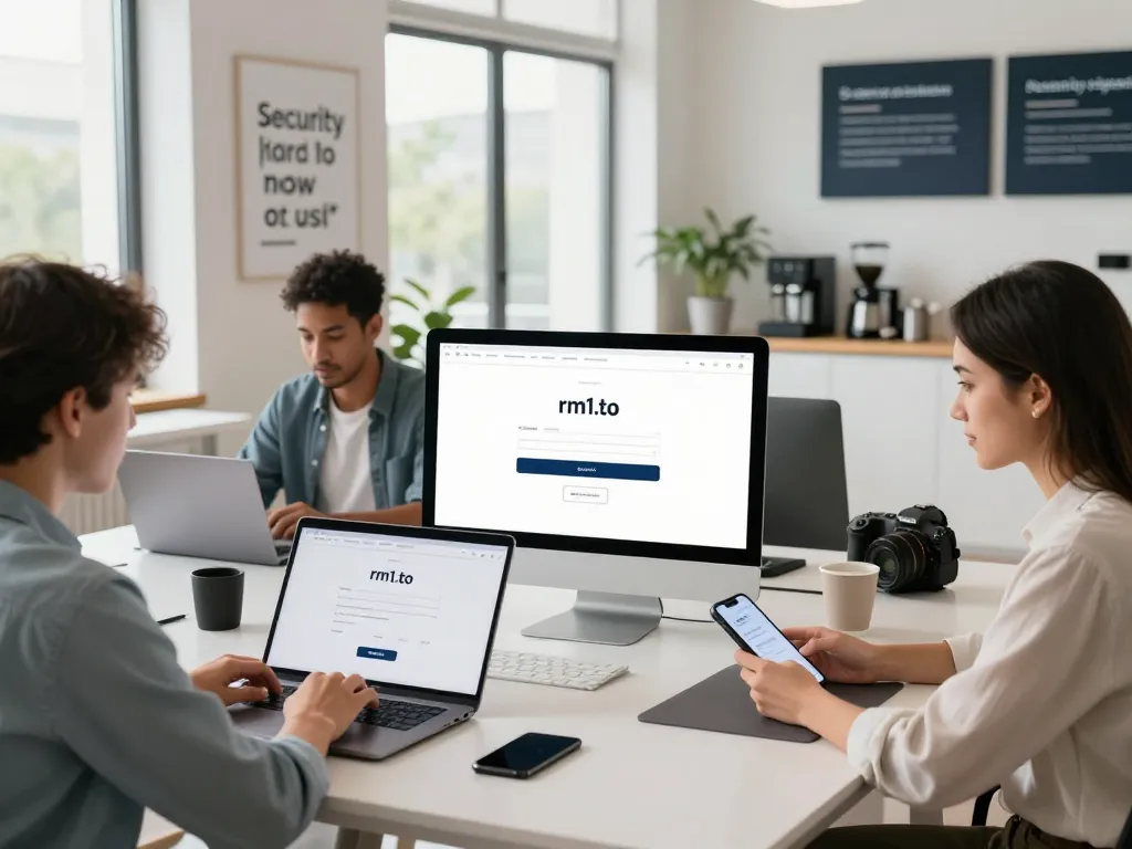 Secure user-friendly rm1.to login scene with diverse individuals accessing their accounts.
