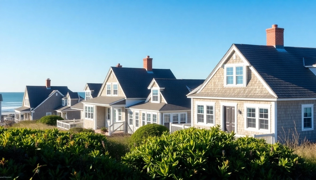 Beautiful cape cod homes along a scenic shore with traditional architecture and lush landscaping.