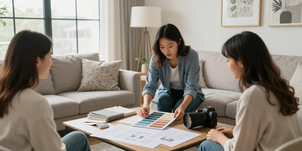 Renovation session with designer choosing paint colors in a stylish living room.