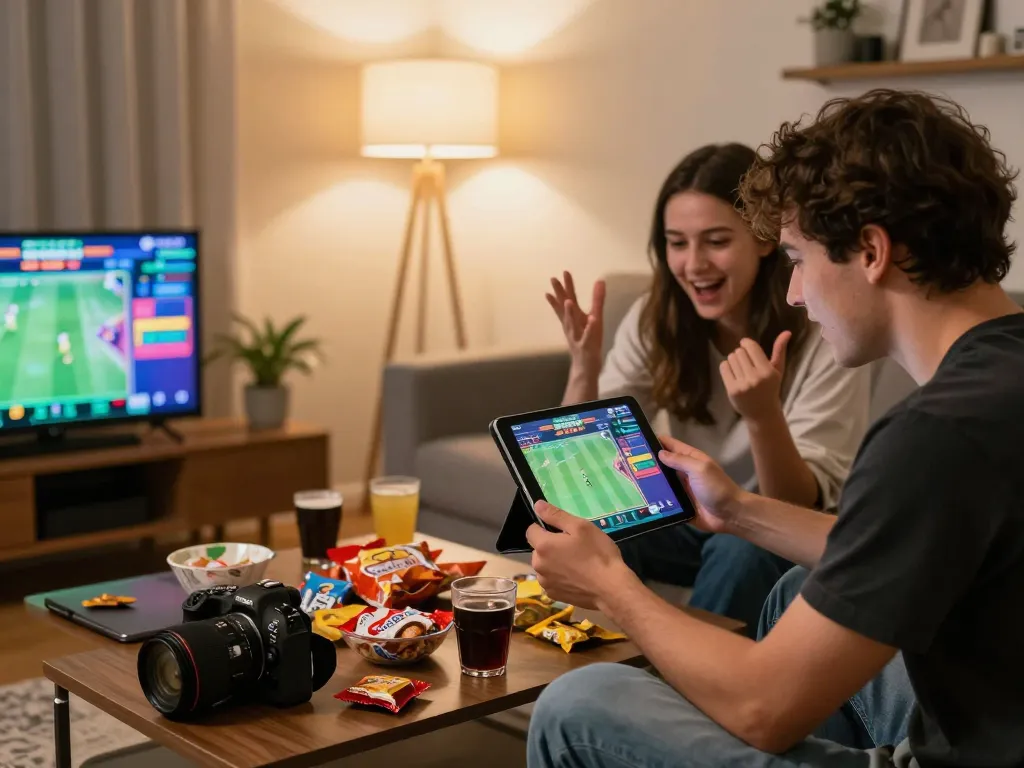 Hai người bạn chiến lược hóa cược của họ trên 12bet trong một buổi chơi game trực tuyến thú vị, bầu không khí sống động tại nhà.