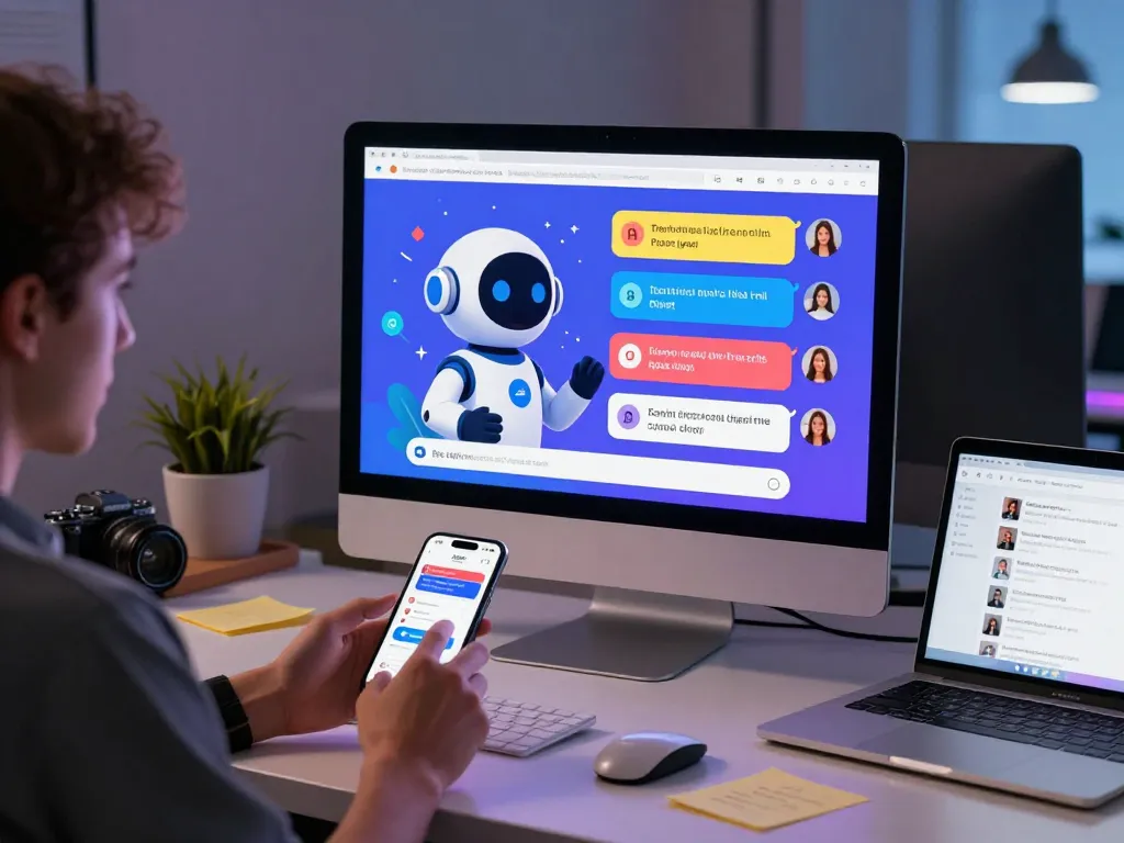 Engaging interaction with a porn ai chat through desktop and mobile settings in a modern office environment.