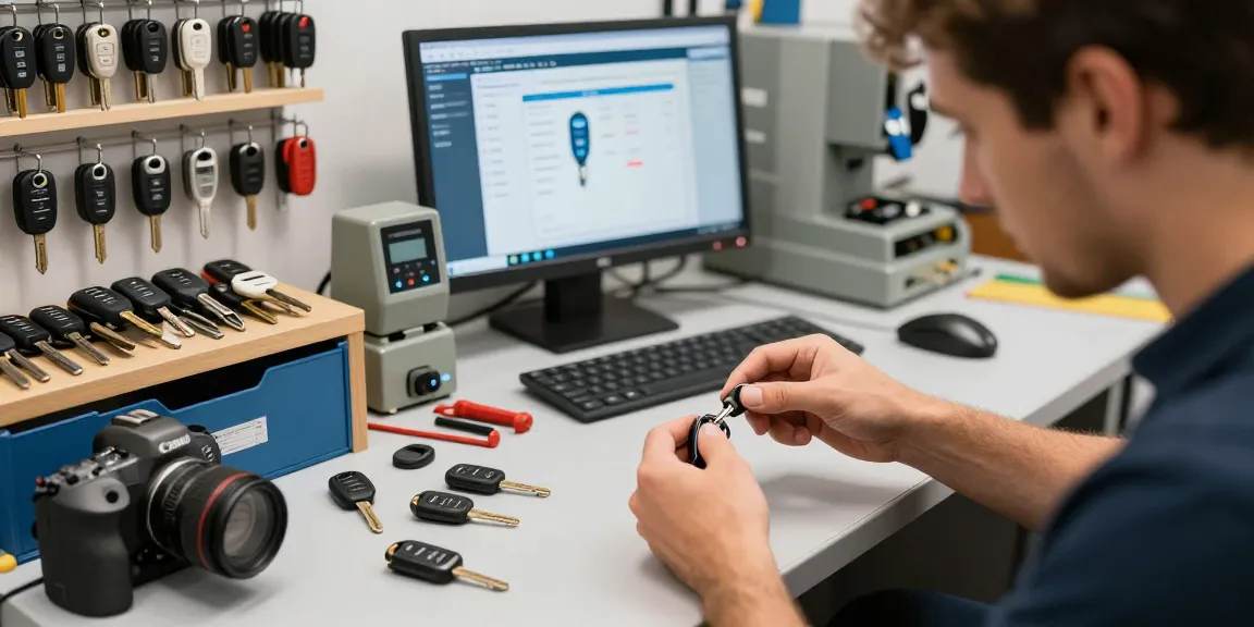 Autosleutel bijmaken process in locksmith workshop with tools and keys