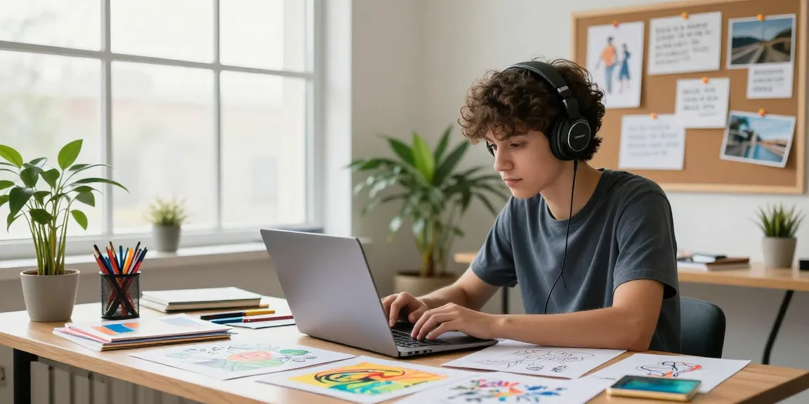 A high school student creating digital art in a bright workspace, reflecting the creativity at dejny.eu.