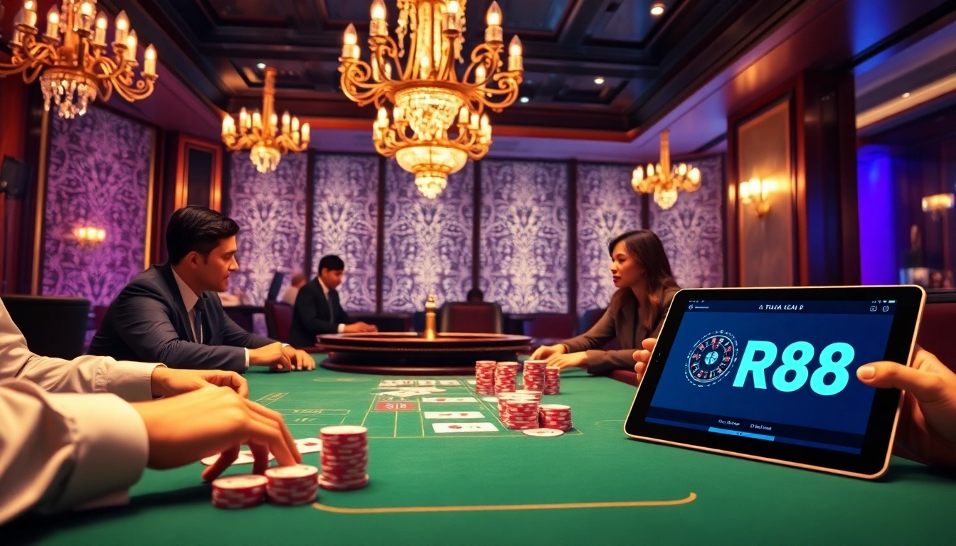 The Nhà Cái RR88 logo showcased at a luxurious casino gaming table with players enjoying baccarat.