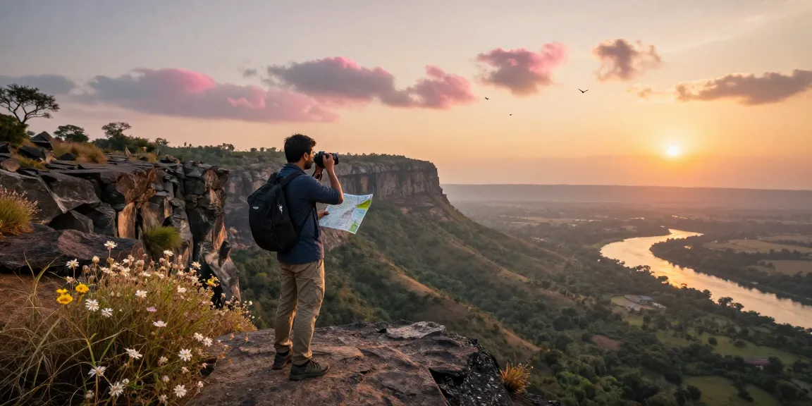 Kurnool.vip: Adventurous traveler at sunset overlooking Nallamala Hills in India, showcasing scenic beauty.