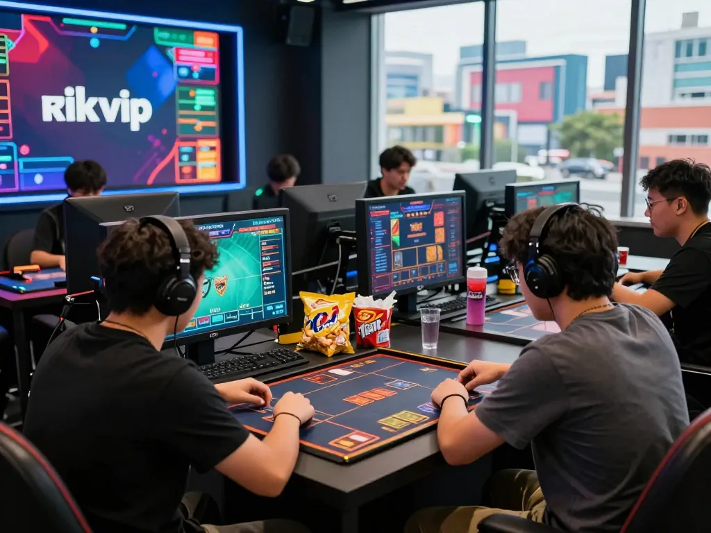 Players enjoying high-stakes games on rik vip platform with colorful screens and snacks.