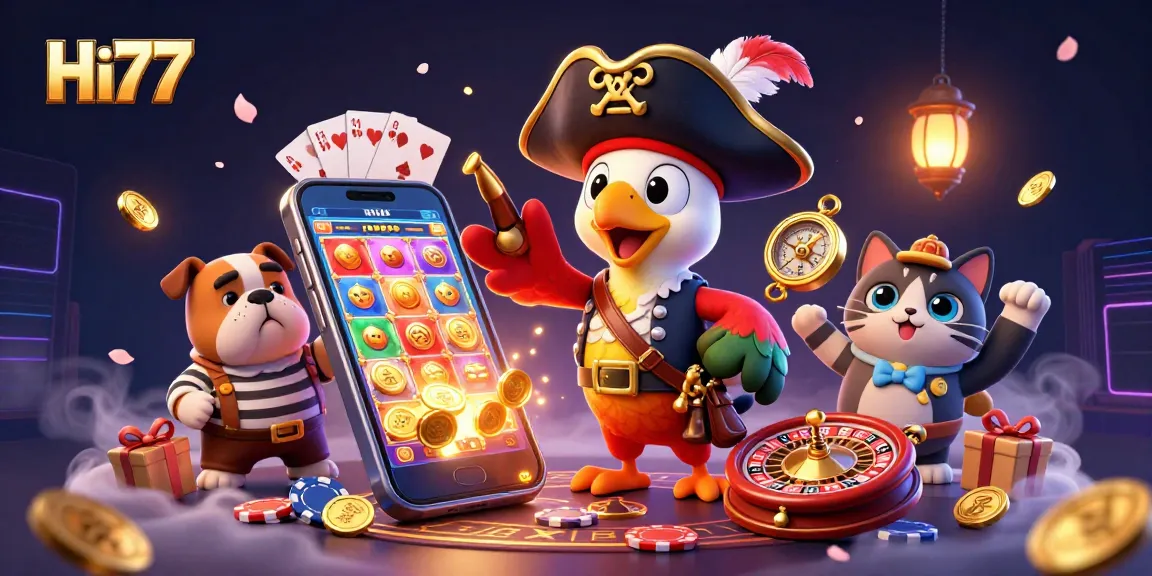 Hi77 platform showcases vibrant 3D illustration of gaming characters immersed in casino elements, featuring slot games and pirate themes.