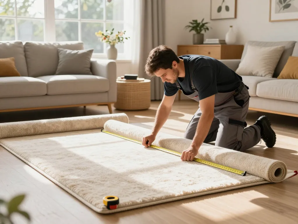 Professional carpet fitters near me expertly installing beautiful carpet in a bright home setting.