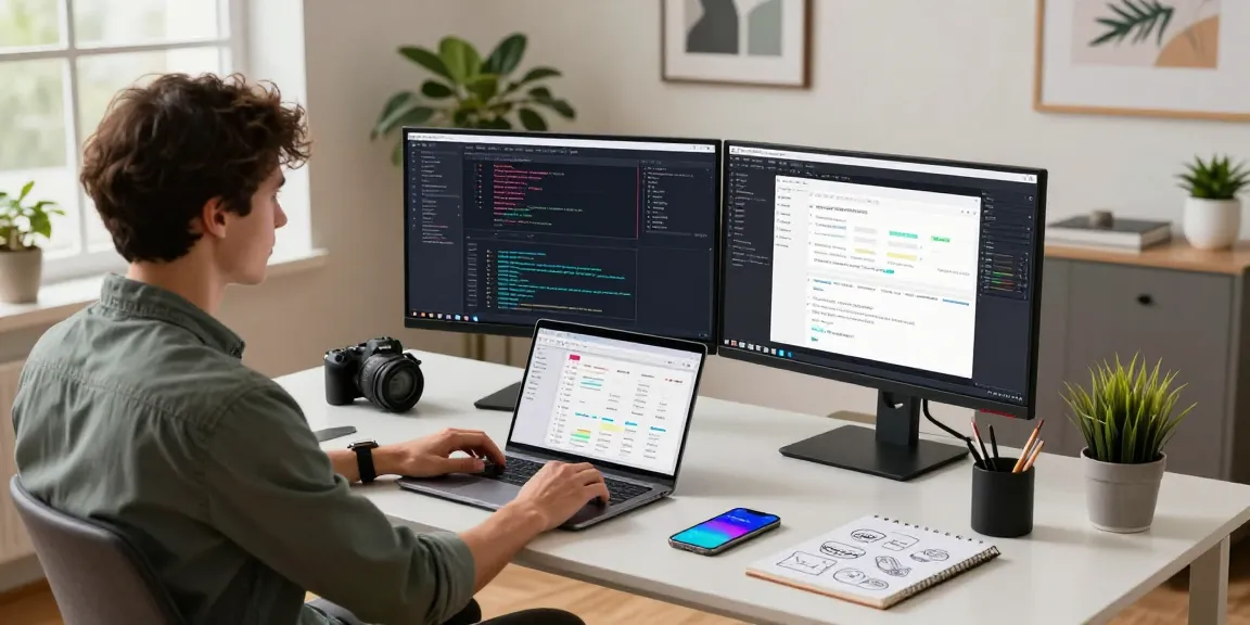 Web development in Gorakhpur workspace scene with a developer using dual monitors showcasing coding and design.