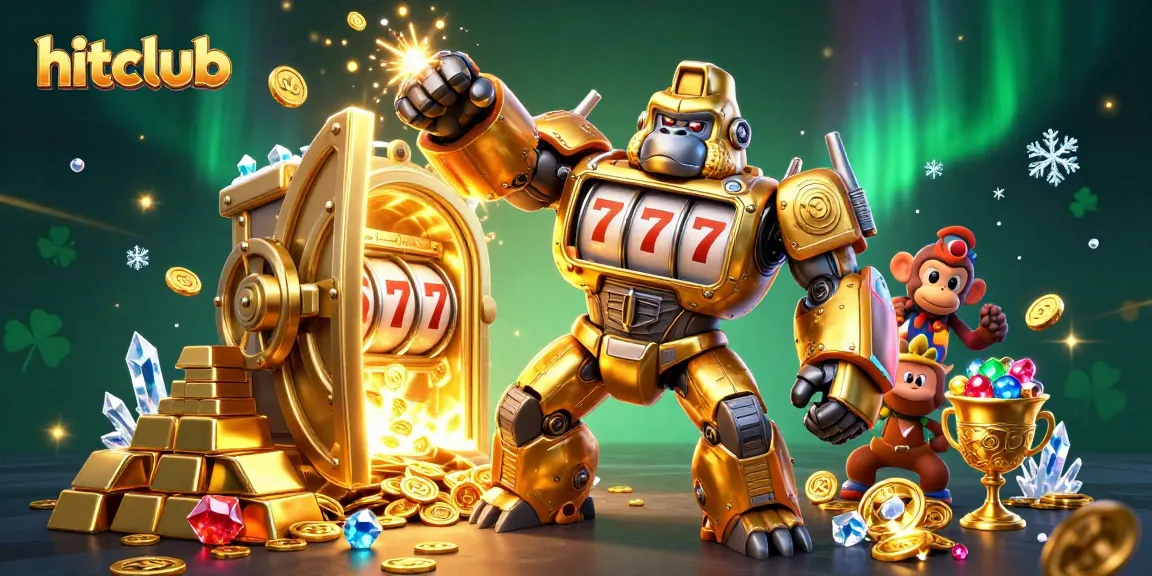 Hitclub's golden gorilla mech bursts with coins, symbolizing exciting jackpots and online gaming.