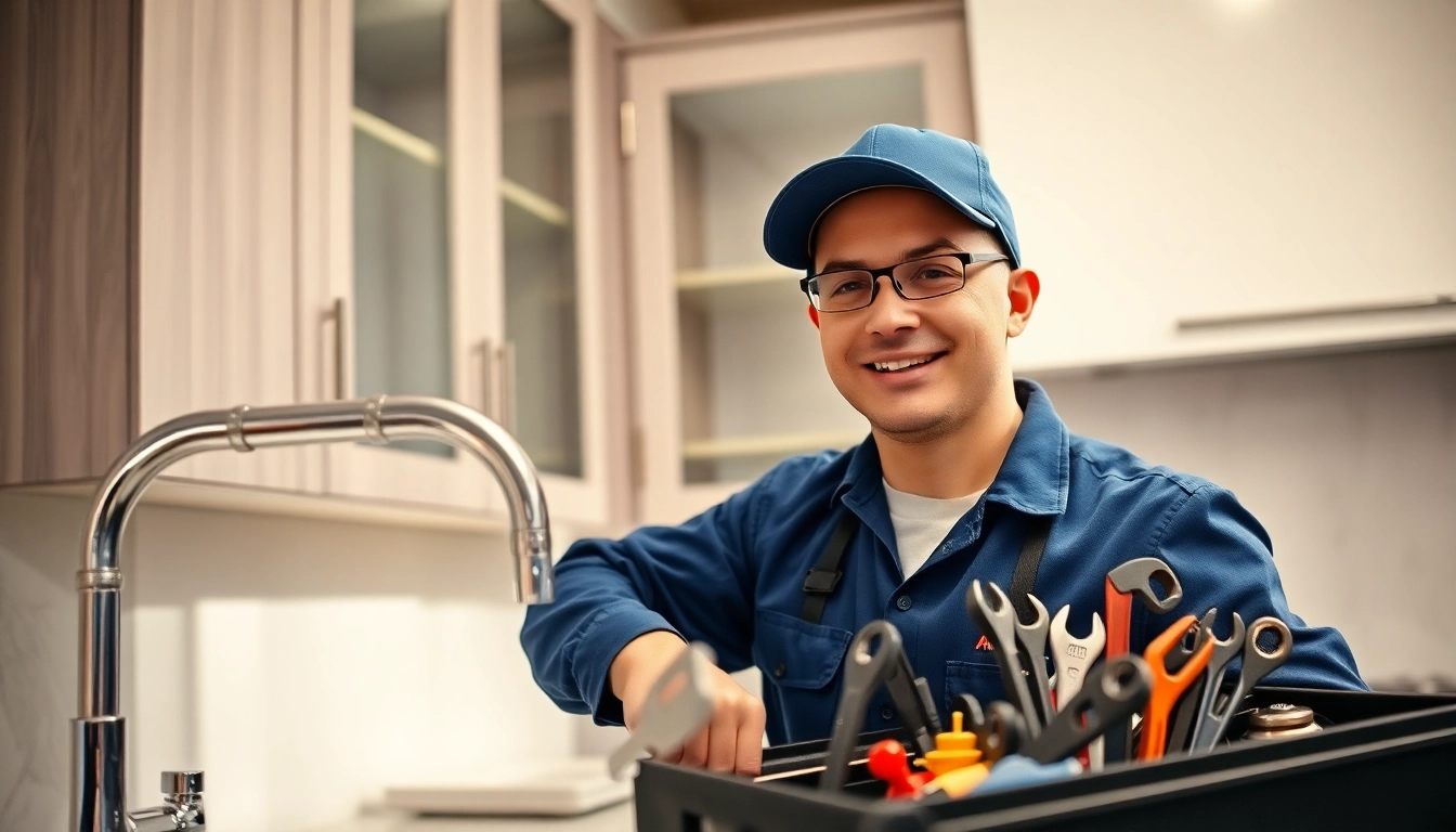 Find a reliable plumber near me fixing a sink in a modern kitchen, showcasing tools and professionalism.
