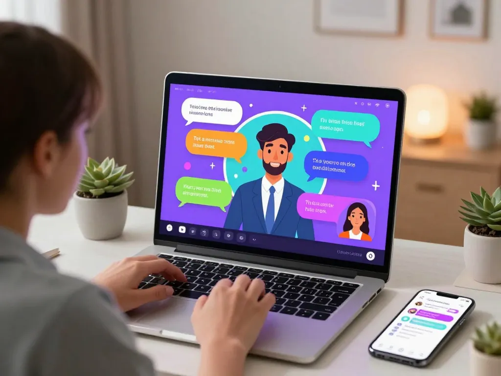 Engaging scene of user interacting with porn chat AI in a vibrant digital interface filled with playful conversation.