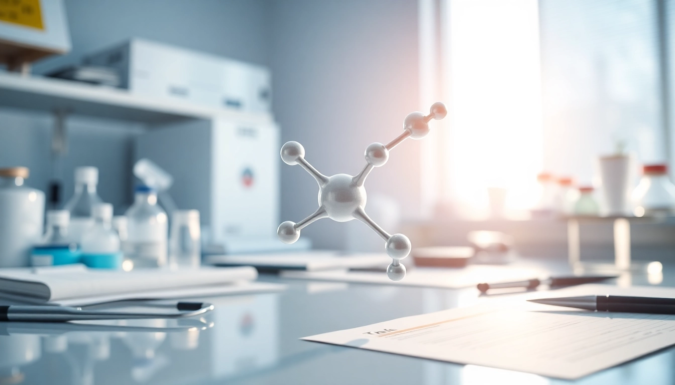 Tirzepatide molecular structure in a bright healthcare setting with research papers.