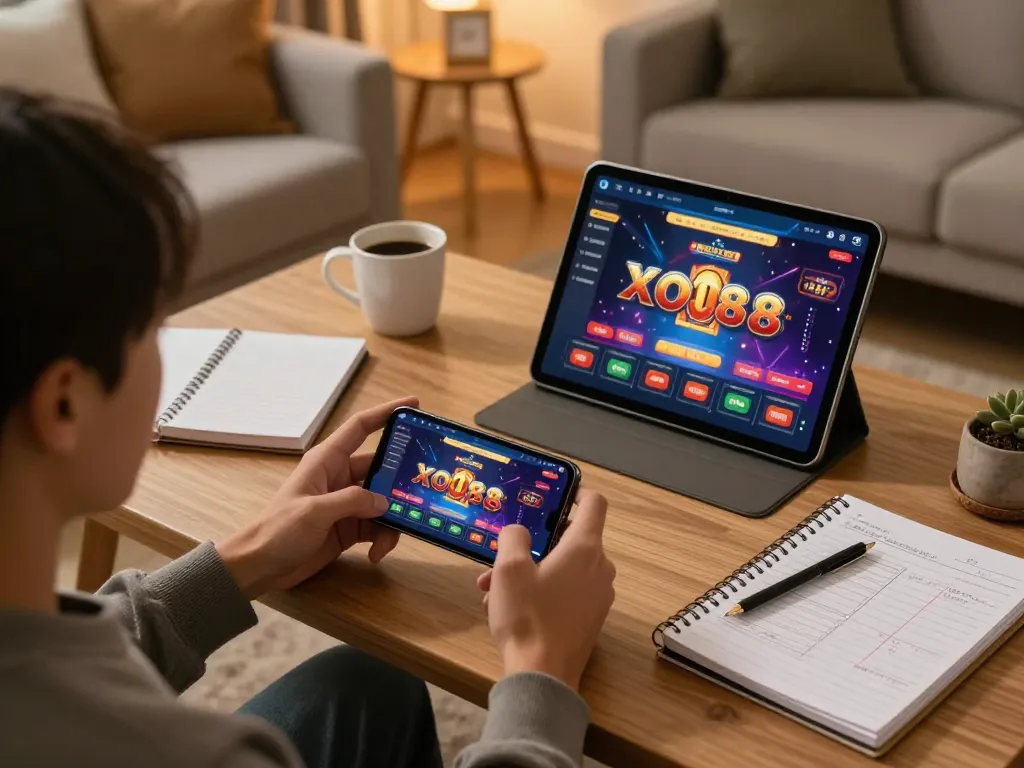 Engaging in betting on XO88 through a smartphone, showcasing a cozy gaming environment.