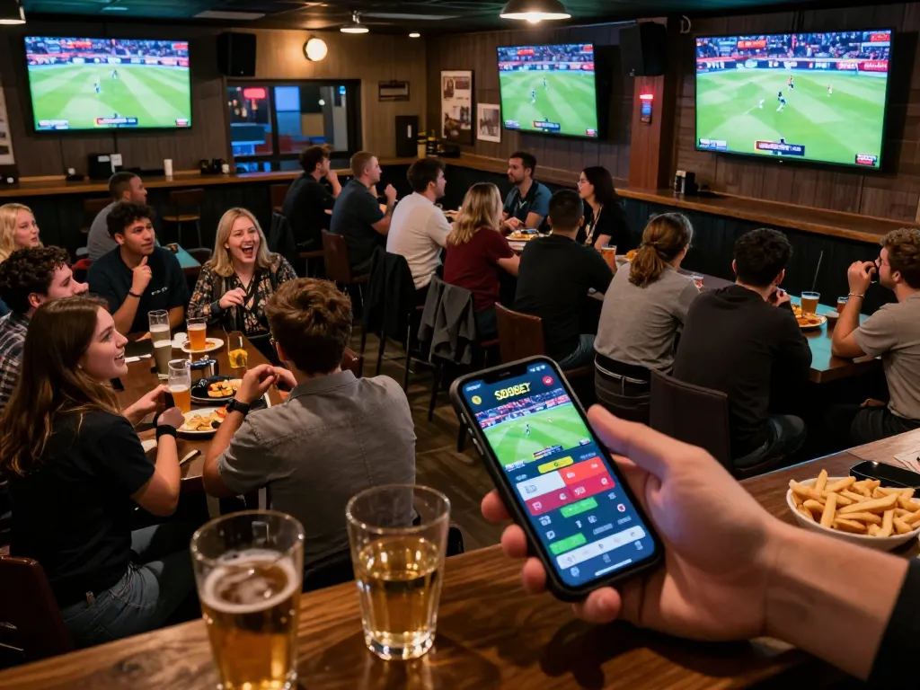 Aplikasi SBOBET digunakan di bar olahraga yang ramai, penggemar terlibat dalam kegembiraan taruhan sosial.