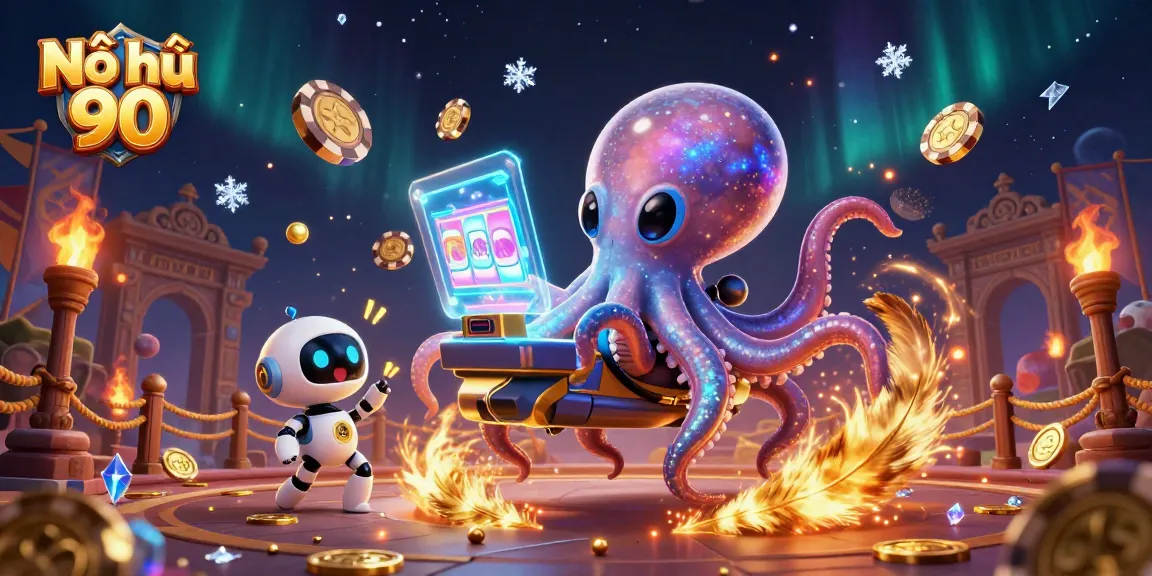 Experience the thrill of Nổ hũ 90 with a vibrant alien octopus and robot companion at the holographic slot!